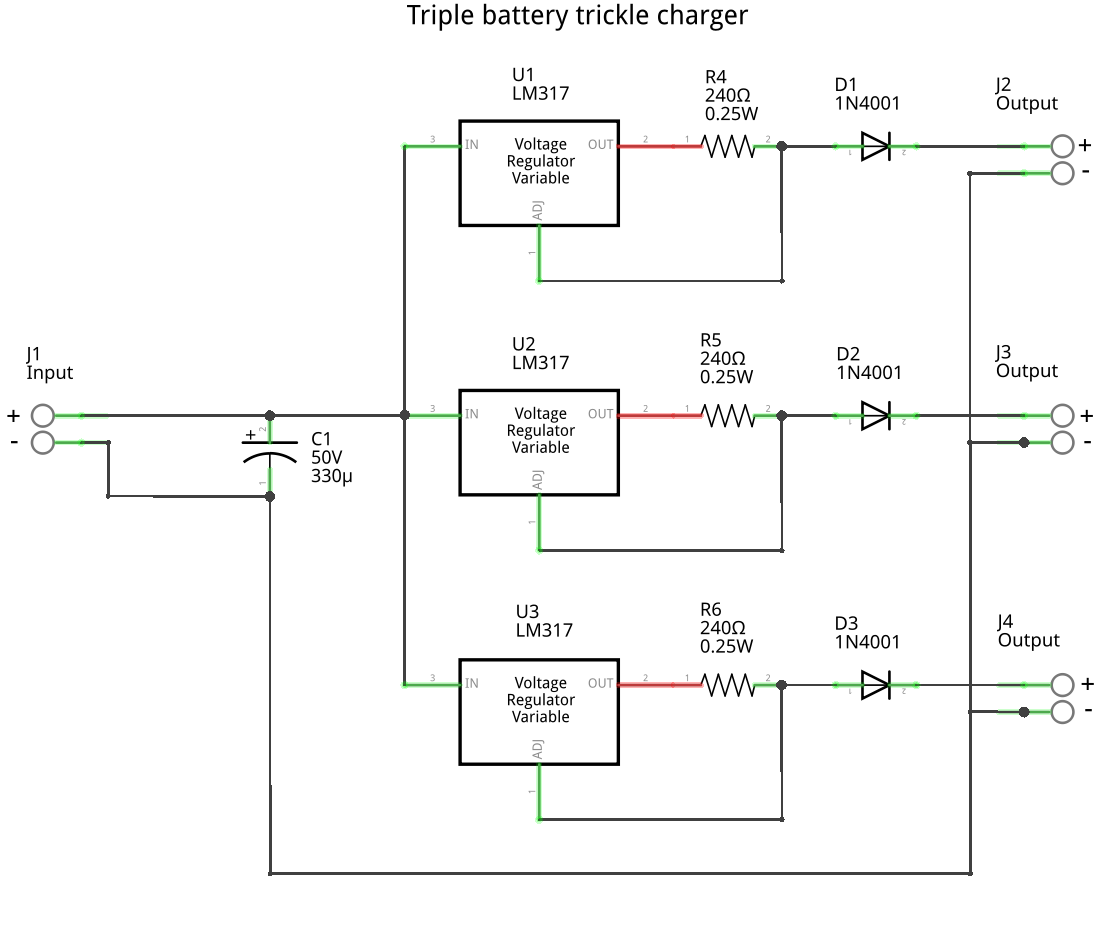 Triple 5mA battery trickle charger